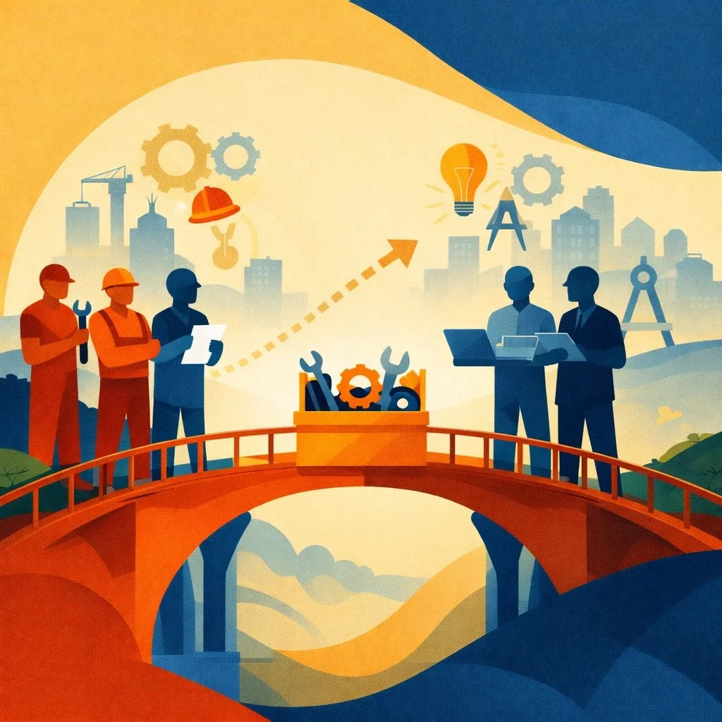 Minimalist illustration of construction workers and supervisors meeting on a bridge with tools, gears, and a lightbulb symbolizing training and knowledge transfer, using bold flat colors and curved geometric shapes.
