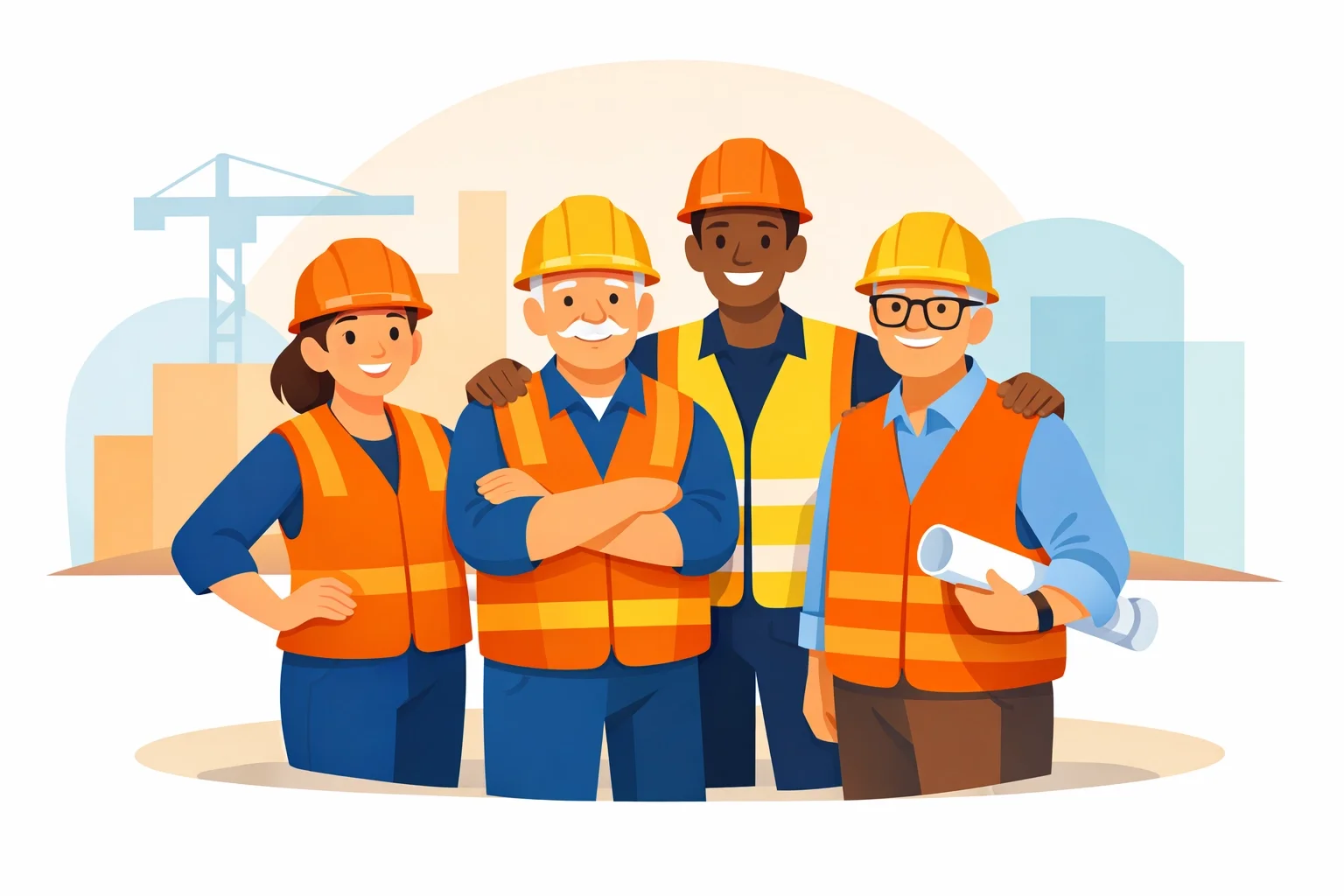 Diverse construction team wearing safety vests and hard hats, representing skilled workers, crew unity, and job site collaboration.