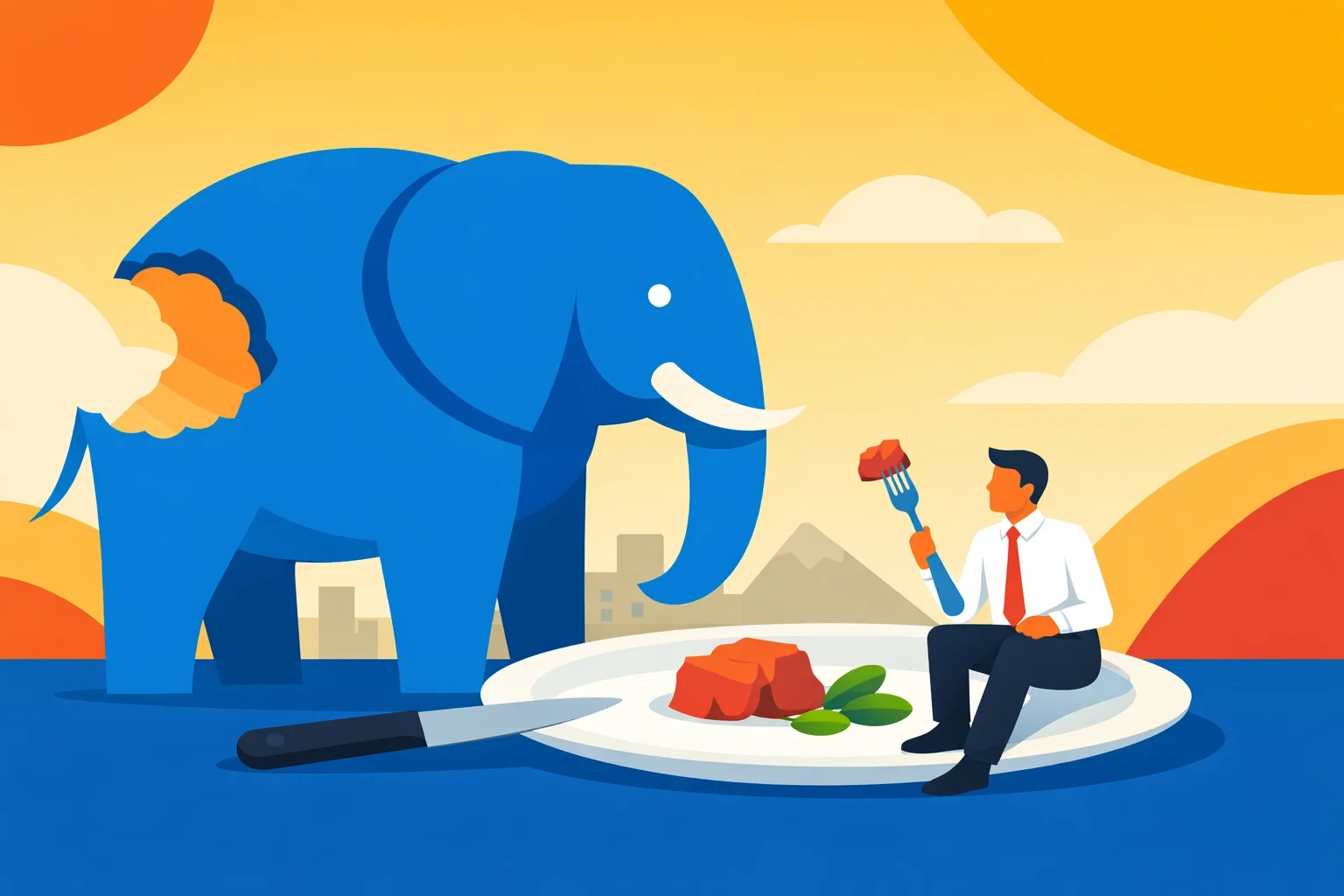 Minimalist illustration of a large blue elephant beside a businessman sitting on a plate holding a fork with steak, symbolizing big challenges and decision making.