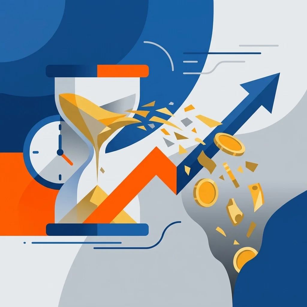 Hourglass with rising arrow breaking through and coins flying upward, symbolizing turning time into profit and accelerating growth.