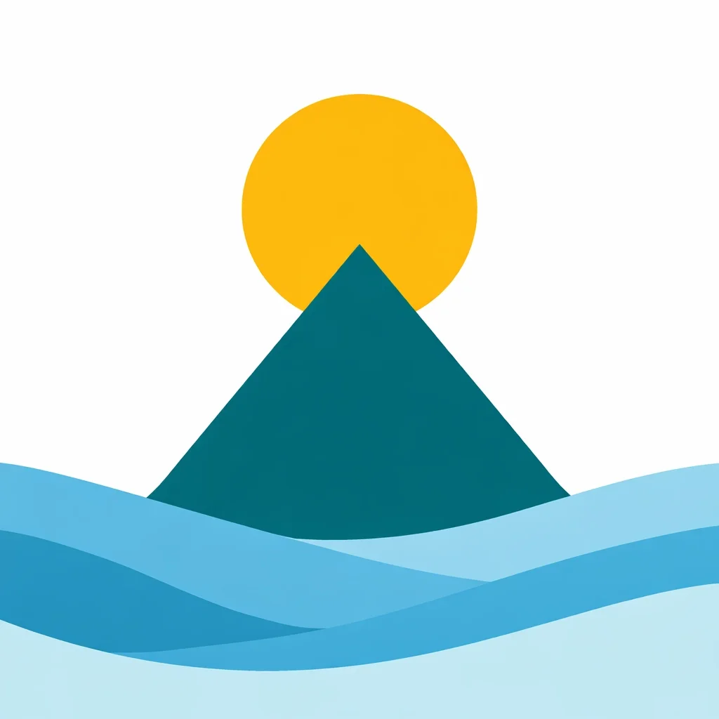 Minimal mountain with a rising sun over layered waves, symbolizing vision, stability, and long-term direction.