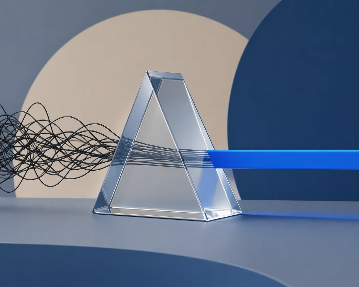 Tangled black lines passing through a clear triangular prism and emerging as a smooth, organized blue stream, symbolizing clarity through structure.