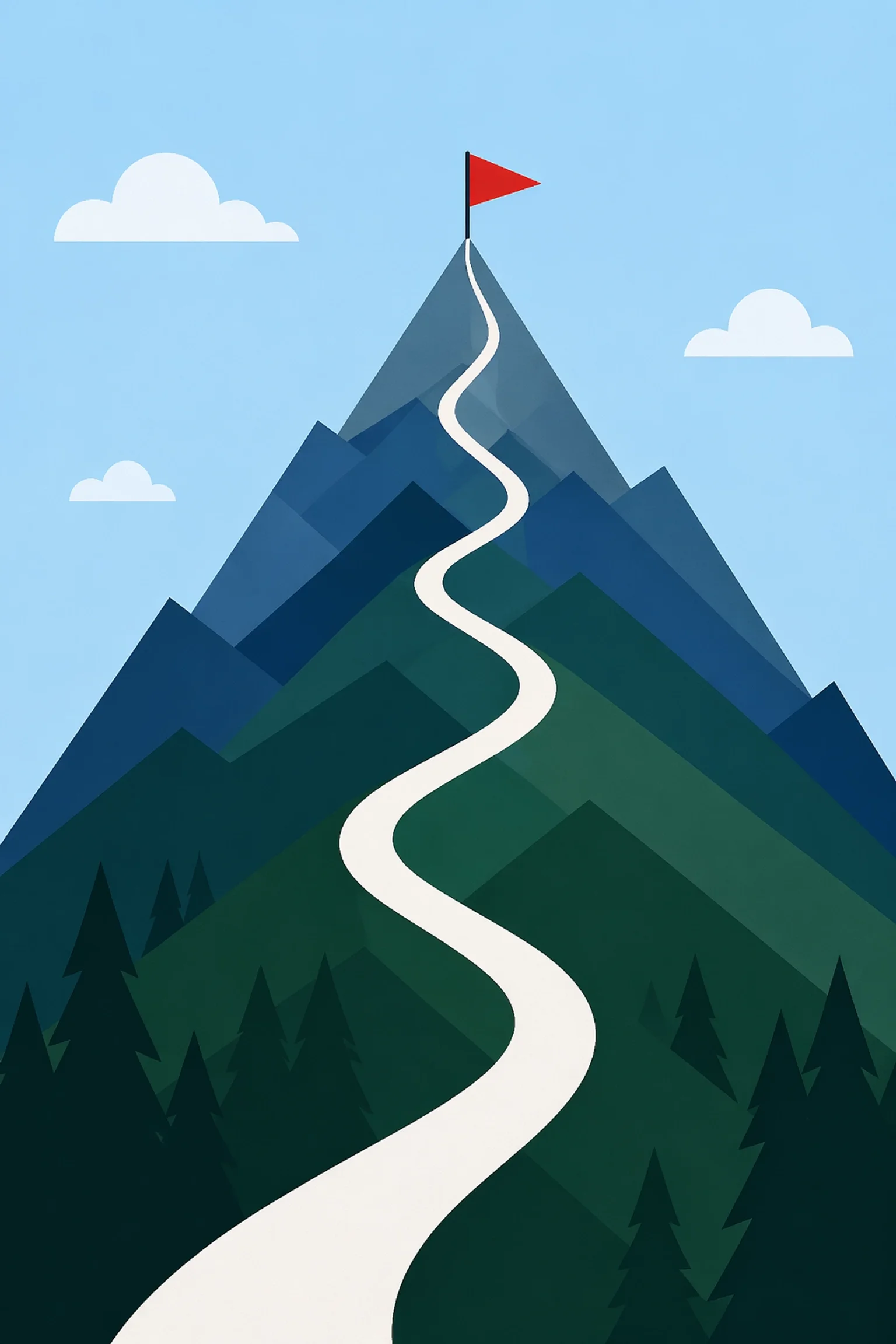 Winding path leading up a mountain to a red flag at the summit, symbolizing progress, goals, and long-term achievement.