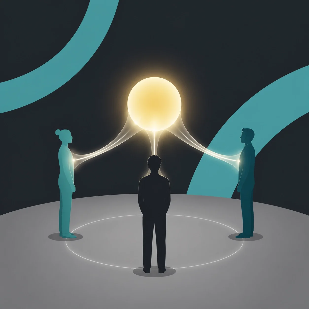 “Minimalist illustration of three people connected by glowing lines to a shared light source, representing collaboration, communication, alignment, and shared knowledge.