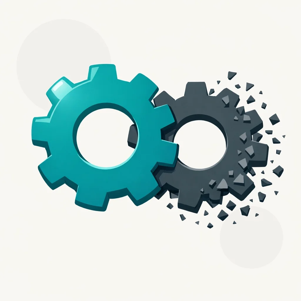Two interlocking gears with one breaking apart, representing system failure, dependency issues, or process breakdown.