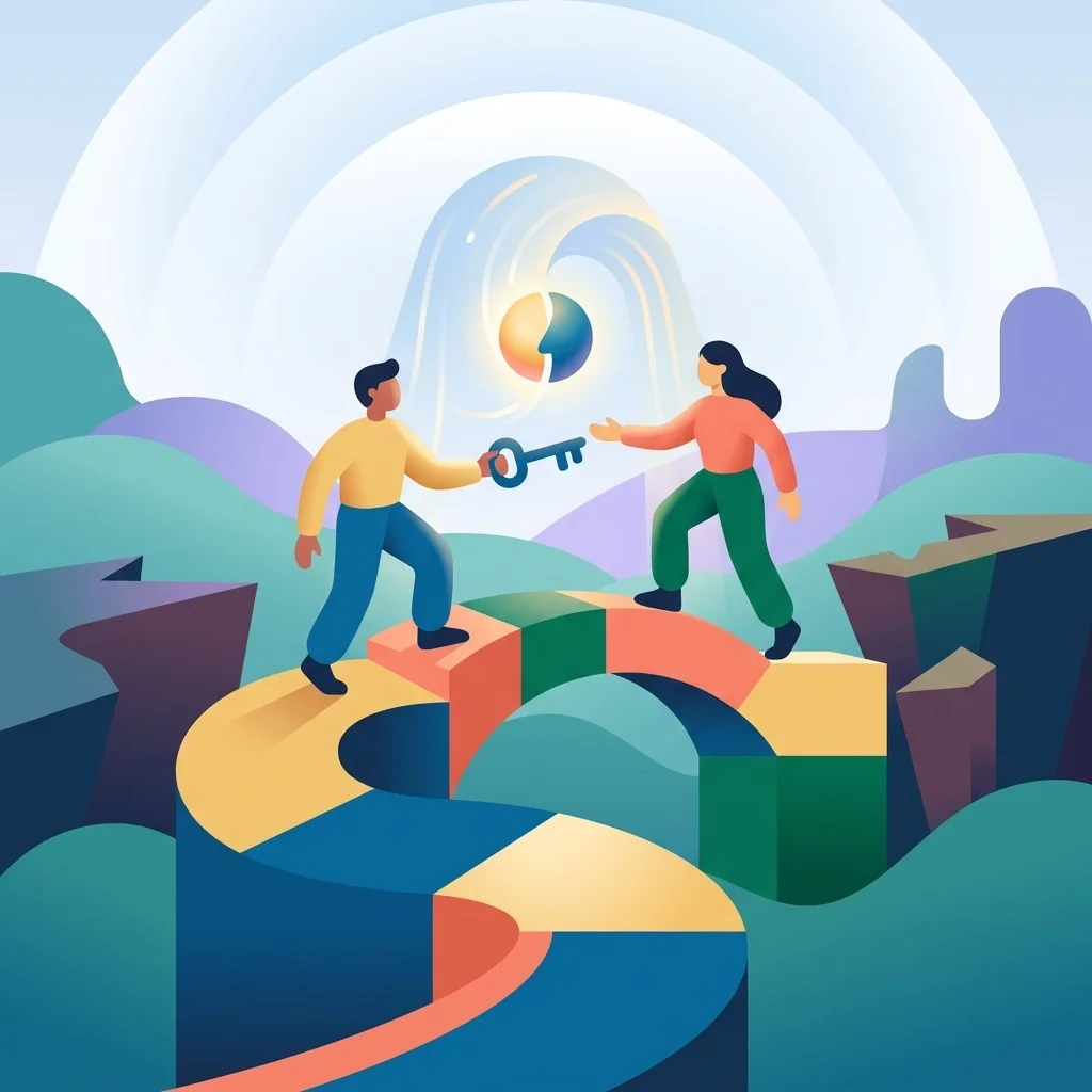 Two people exchanging a key across a bridge, symbolizing trust, partnership, secure access, and collaboration in a modern abstract landscape.