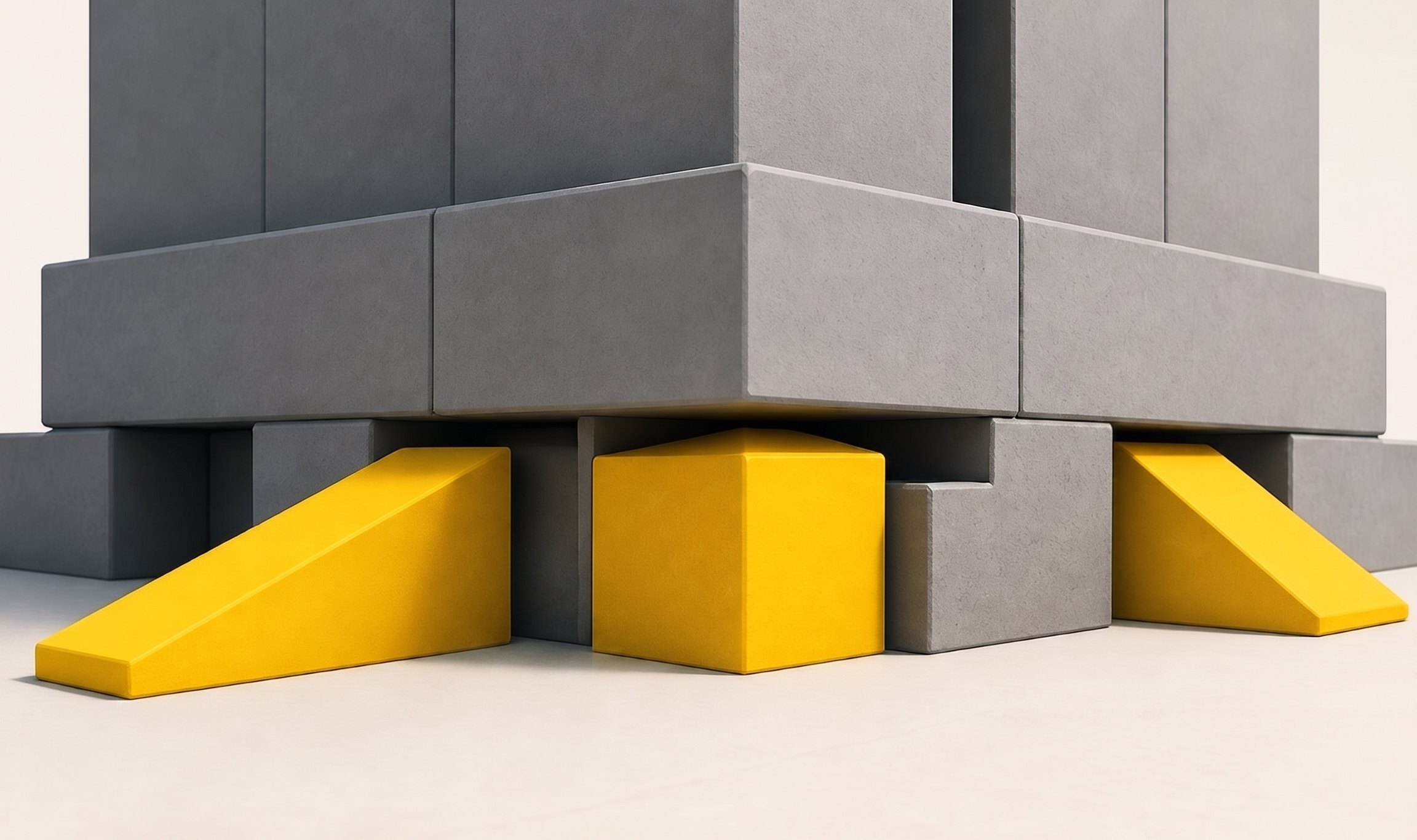 Solid structure supported by wedges and blocks underneath, representing foundational support, reinforcement, and structural integrity.