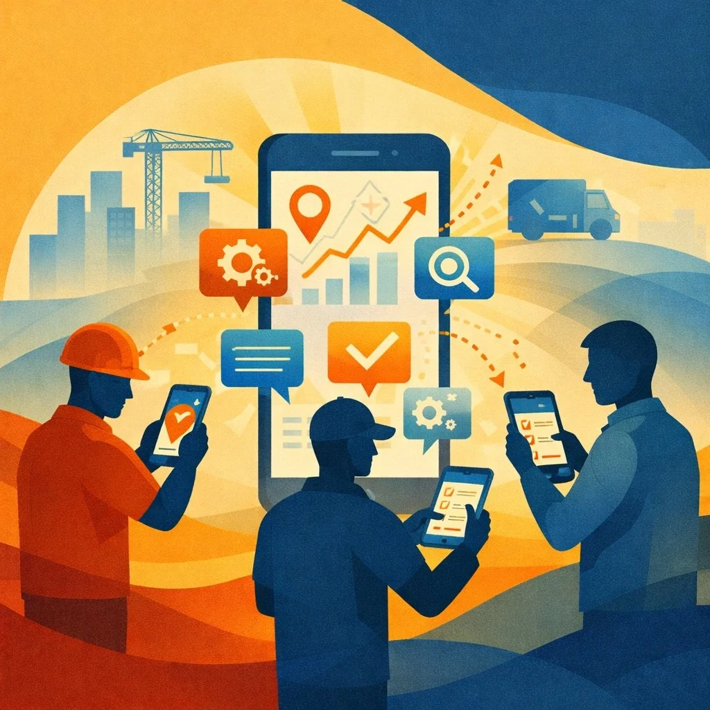 Mobile workforce team using field management apps for time tracking, job updates, and performance insights connected to construction site operations