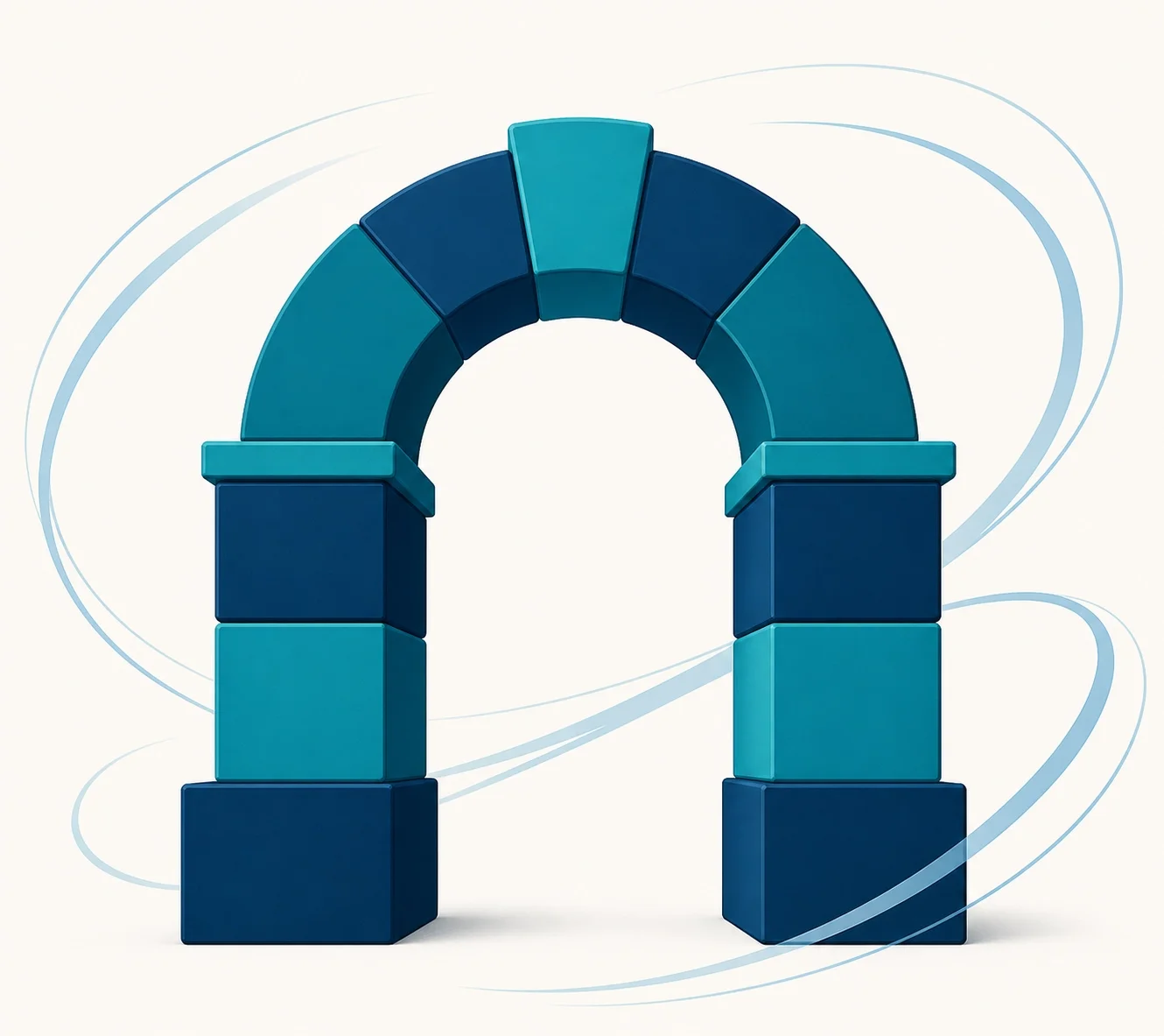 Geometric blue arch constructed from modular blocks with flowing curved lines in the background, symbolizing connection, infrastructure, integration, and structural support.