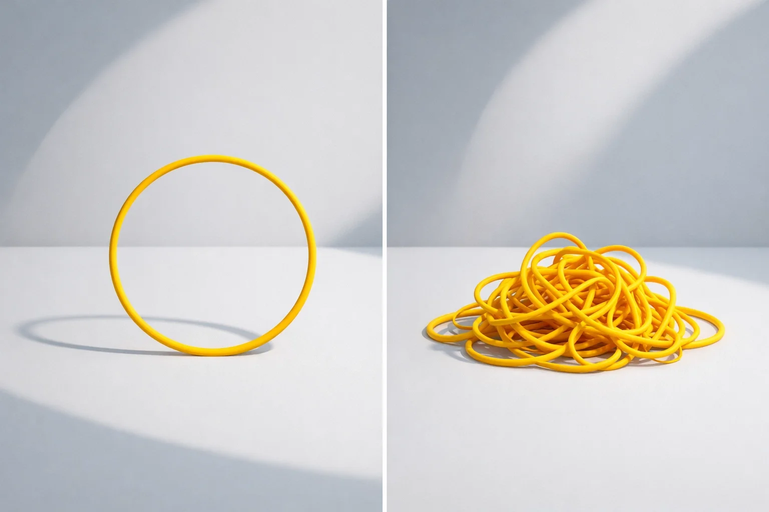 Clean circle contrasted with a tangled pile of loops, symbolizing simplicity versus complexity and the value of organization.