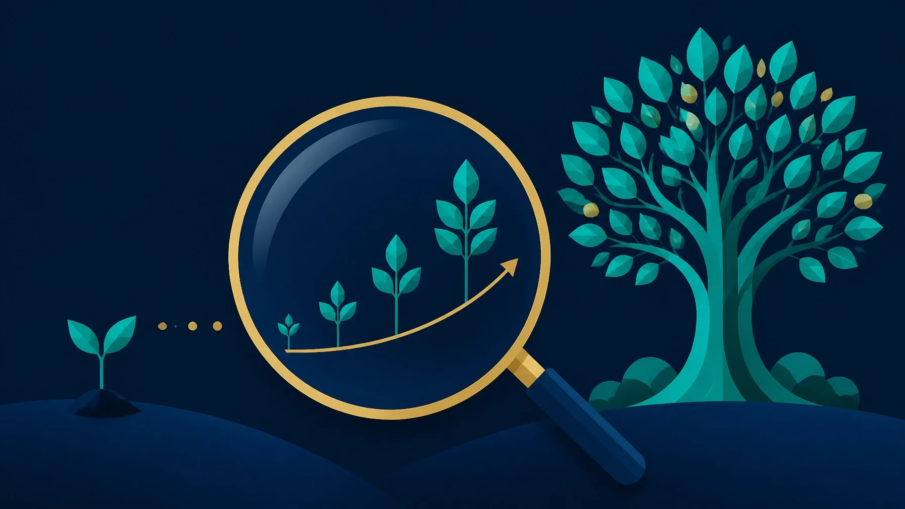 A minimalist illustration representing business growth and magnification, featuring a geometric seedling growing into a sturdy tree viewed through a stylized magnifying glass.