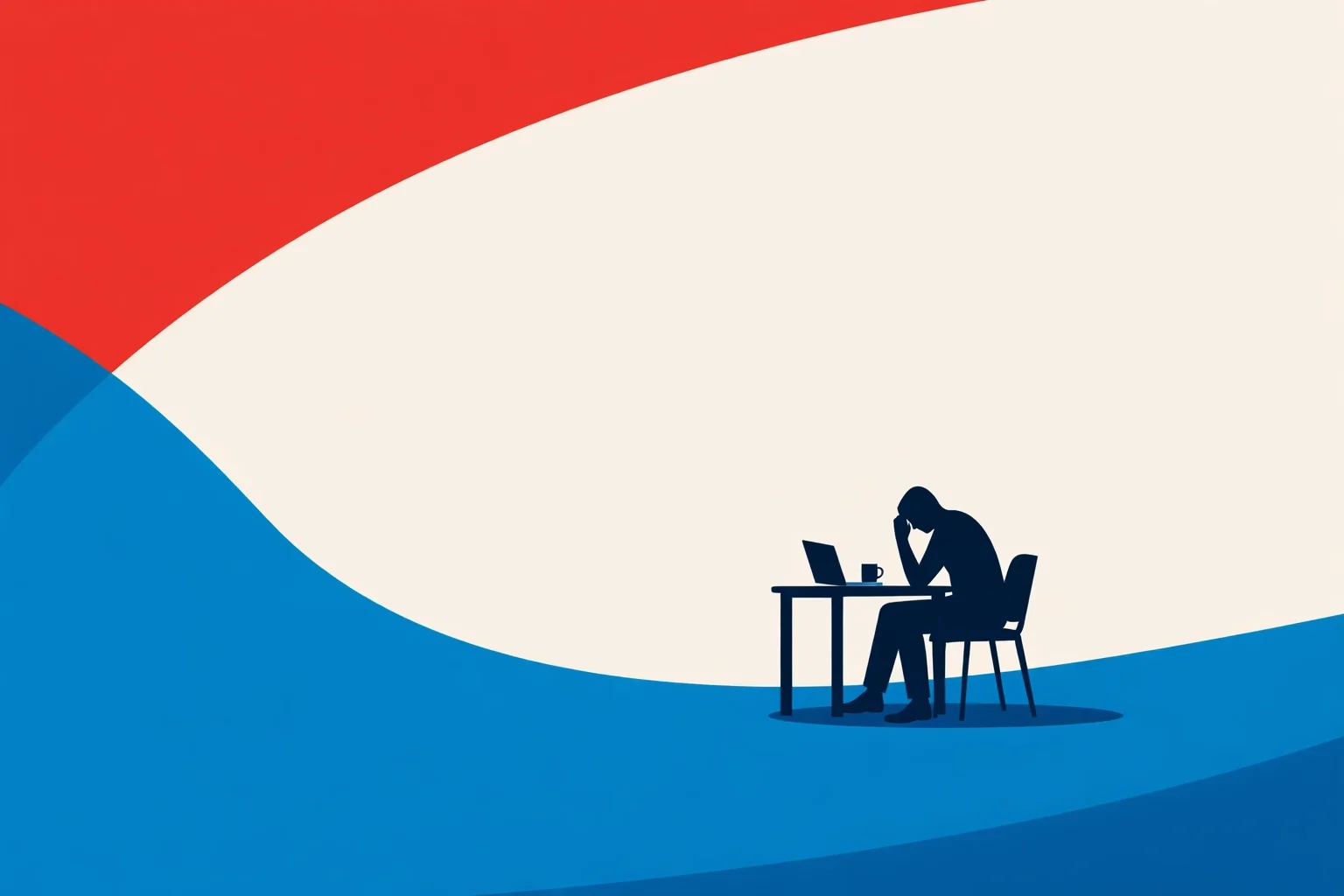 Overwhelmed professional sitting at desk with laptop, representing stress, burnout, and workplace pressure