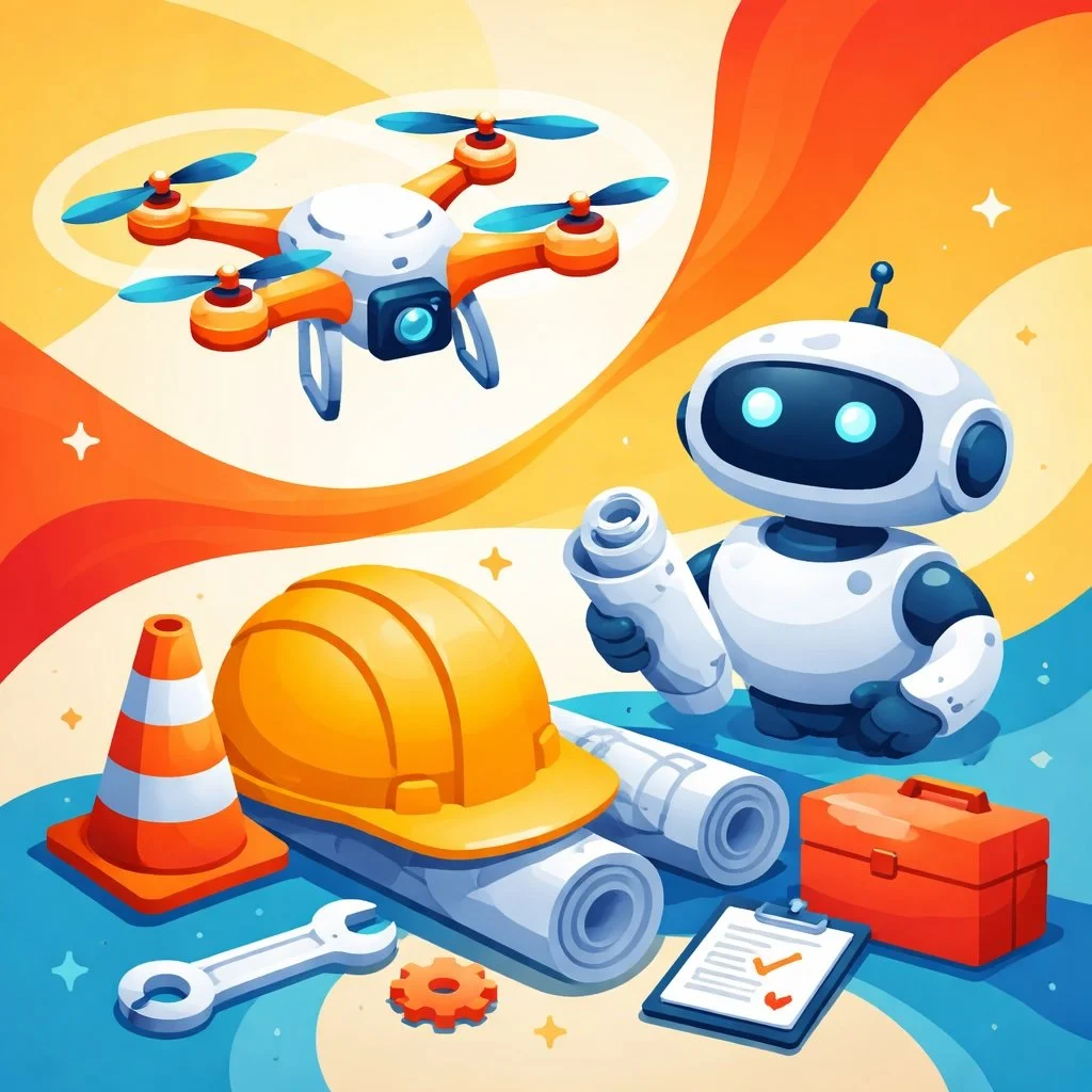 Construction tools and safety gear with a drone and friendly robot, representing automation, robotics, and future technology in construction and field operations.