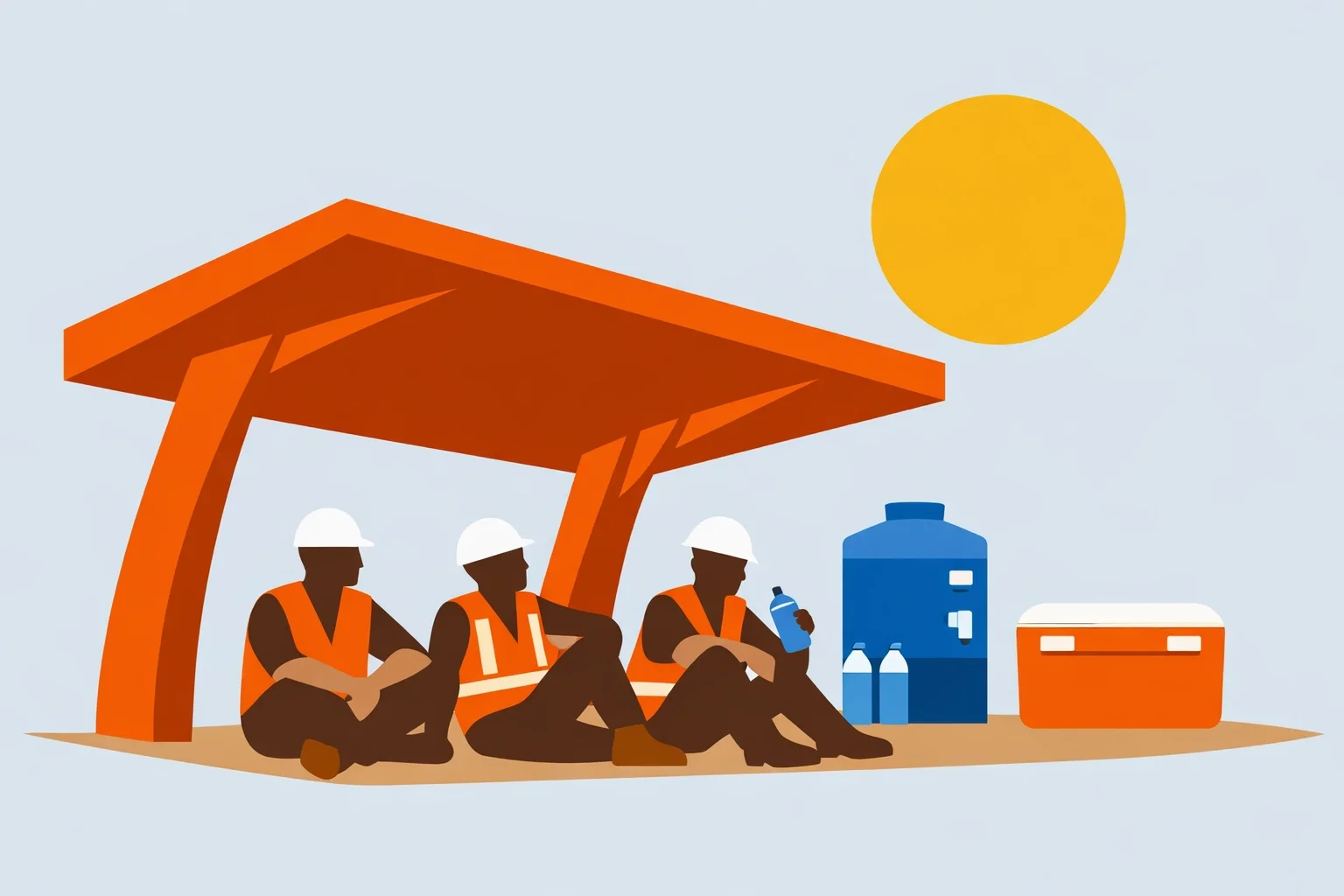 Construction workers taking a hydration break under shade in hot weather, representing worker safety and heat stress prevention.