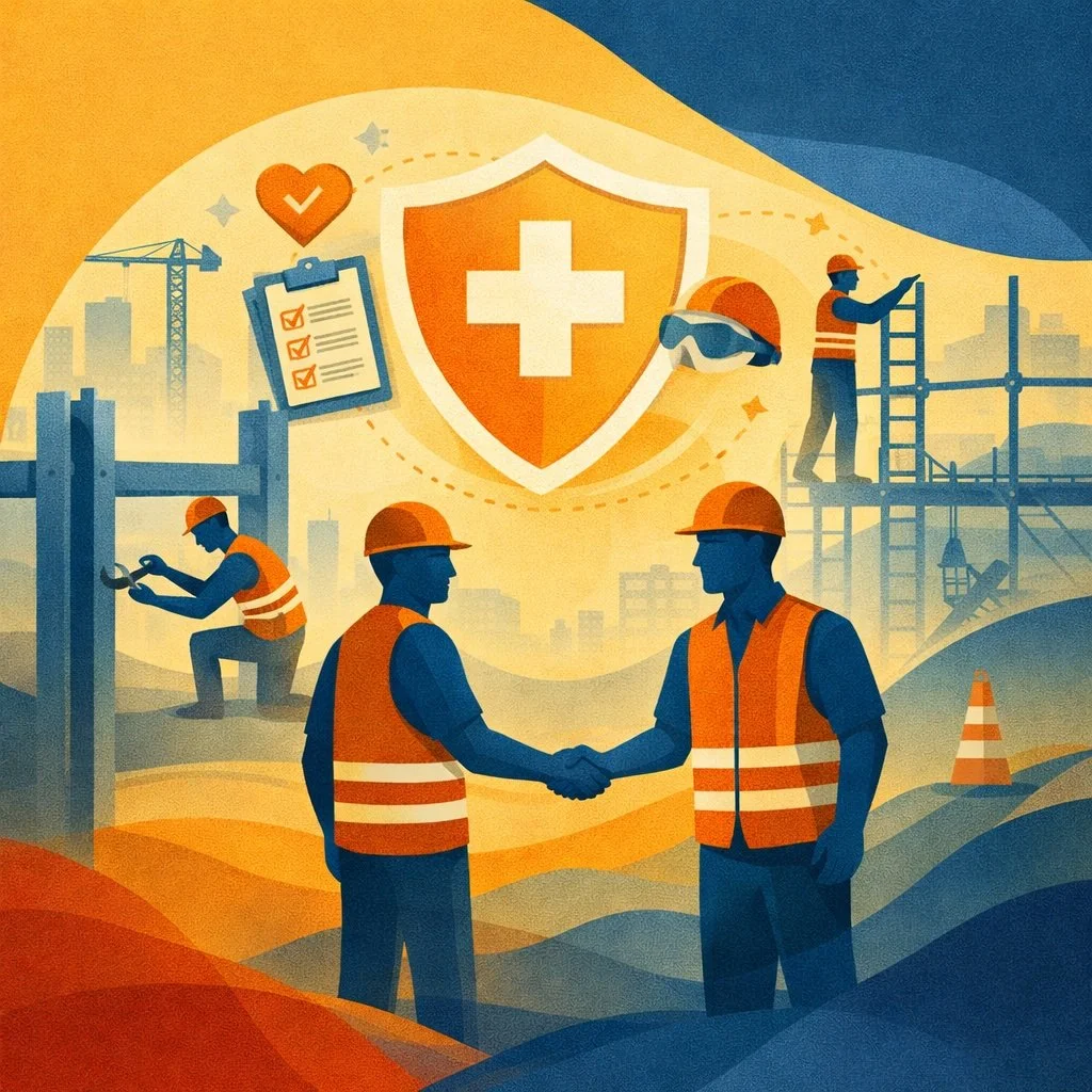 Construction workers shaking hands under safety shield symbol representing jobsite safety culture and compliance.