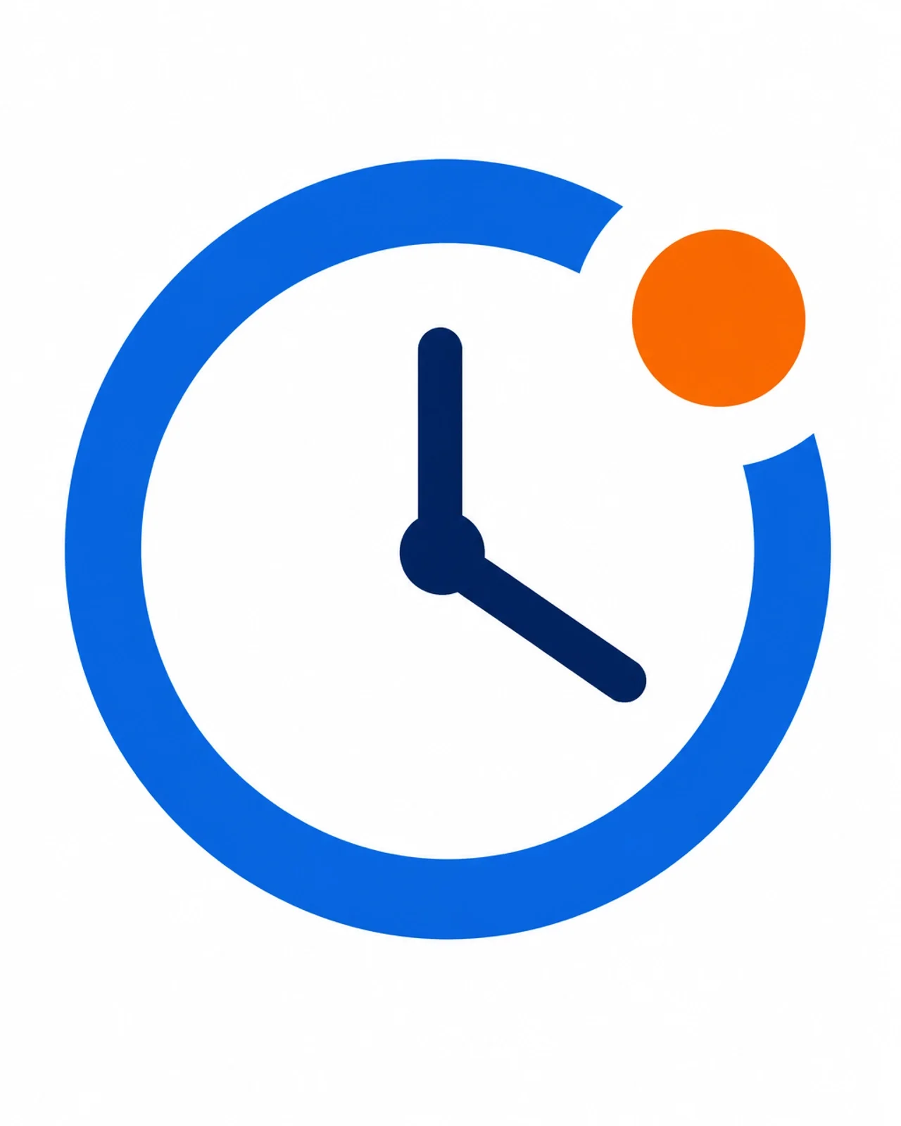 Modern minimalist clock icon with a blue circular outline and orange accent, symbolizing time tracking, scheduling, productivity, and workforce management.