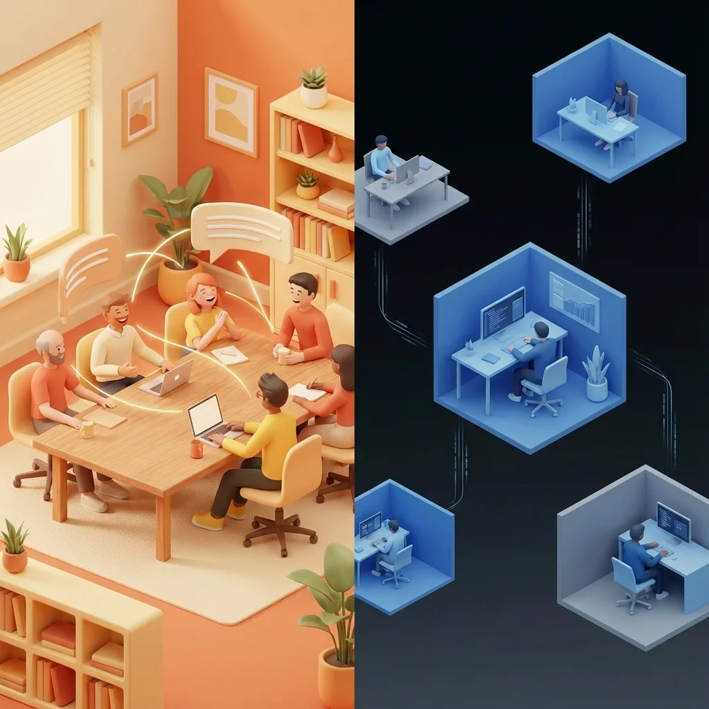 Split illustration comparing collaborative office teamwork with isolated remote workers, highlighting communication challenges in distributed teams.