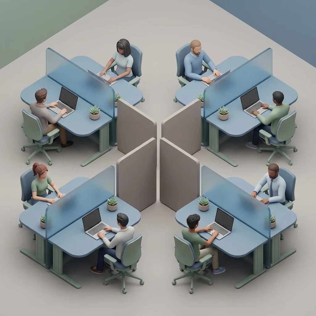 3D illustration of employees working at partitioned desks, representing focused productivity and modern office workflows.