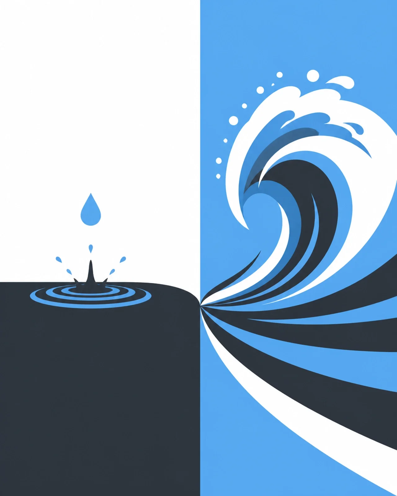 A minimalist abstract illustration of a small drop of water transforming into a large, organized wave, representing the magnification of small actions at scale.