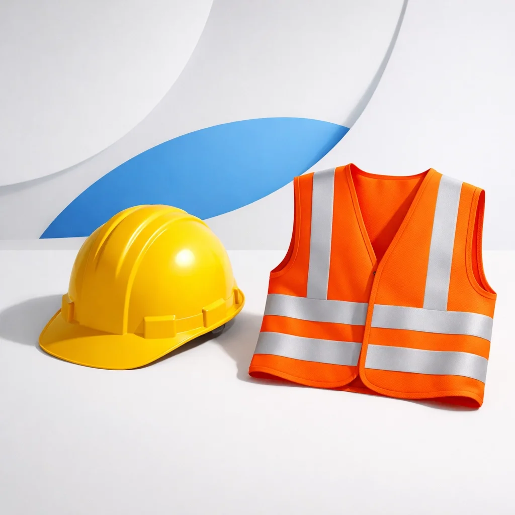 Construction safety gear including yellow hard hat and orange reflective safety vest on a clean background