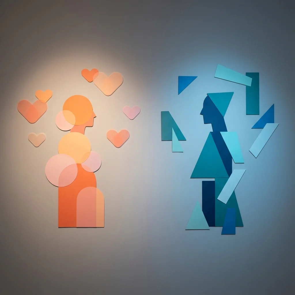 Abstract illustration of two people facing each other, one surrounded by hearts and the other by fragmented shapes, representing emotional disconnect and miscommunication.