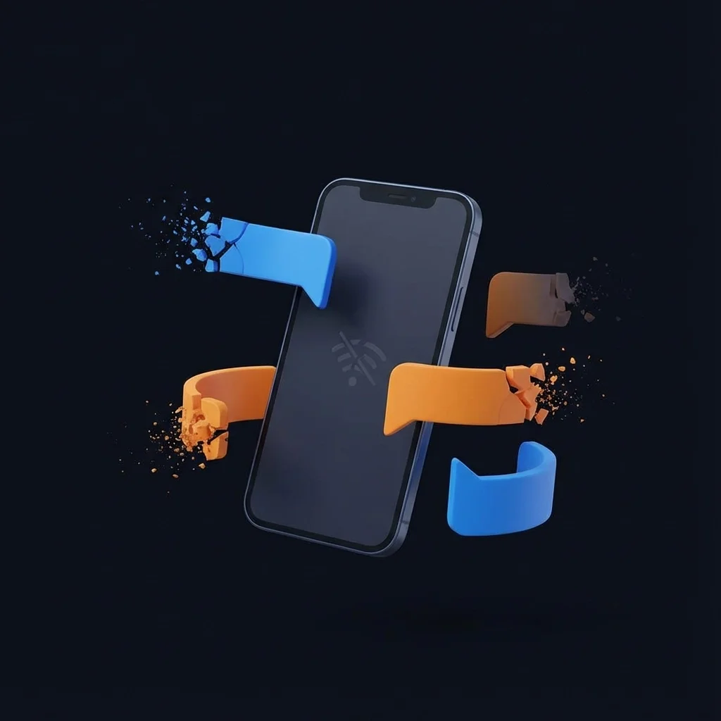 3D illustration of a smartphone surrounded by breaking signal bars, representing connectivity issues or mobile service disruptions.