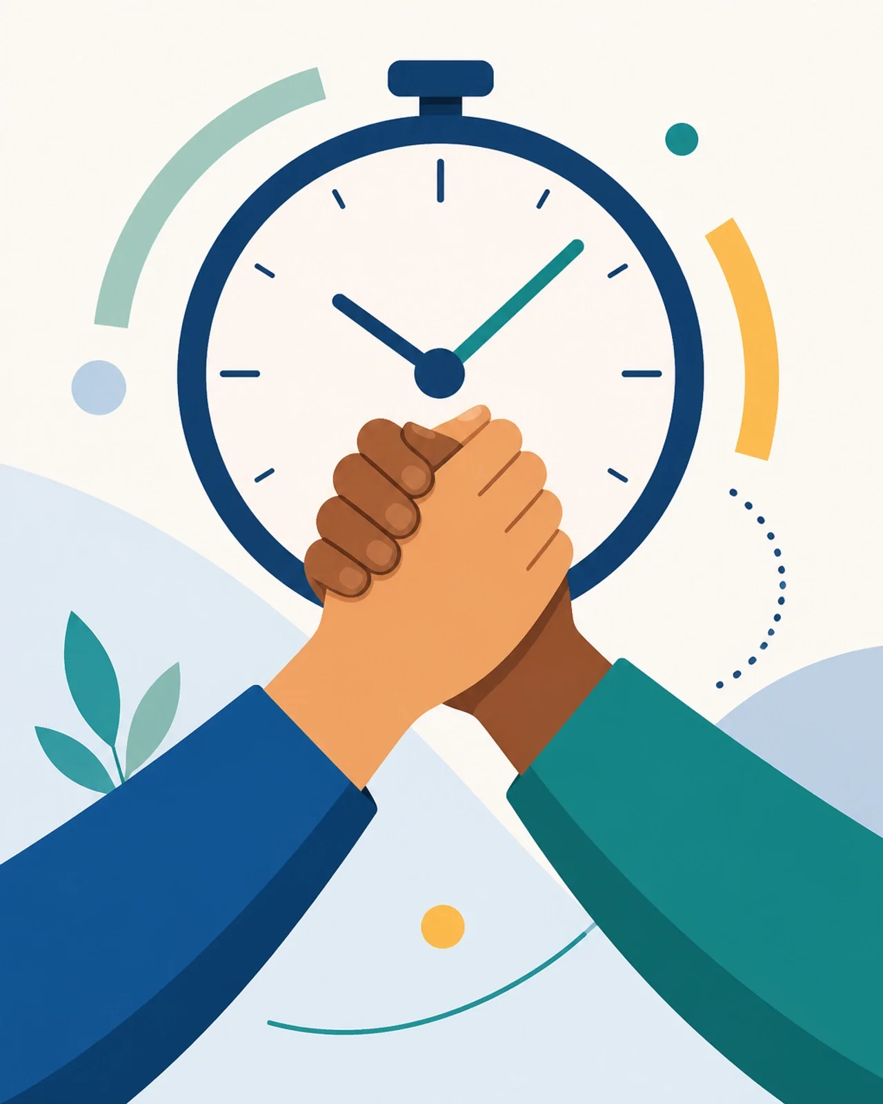 Minimalist illustration of a handshake and a clock symbolizing trust and accurate time tracking