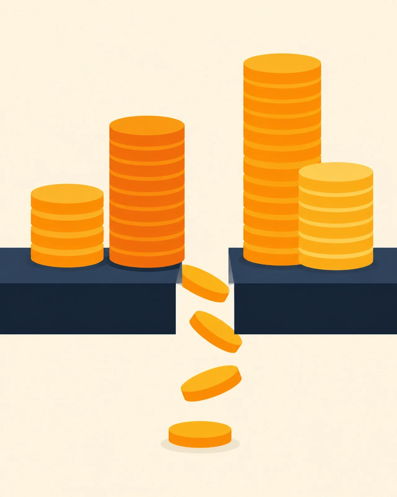 Minimalist stacks of orange coins with some slipping through a gap.
