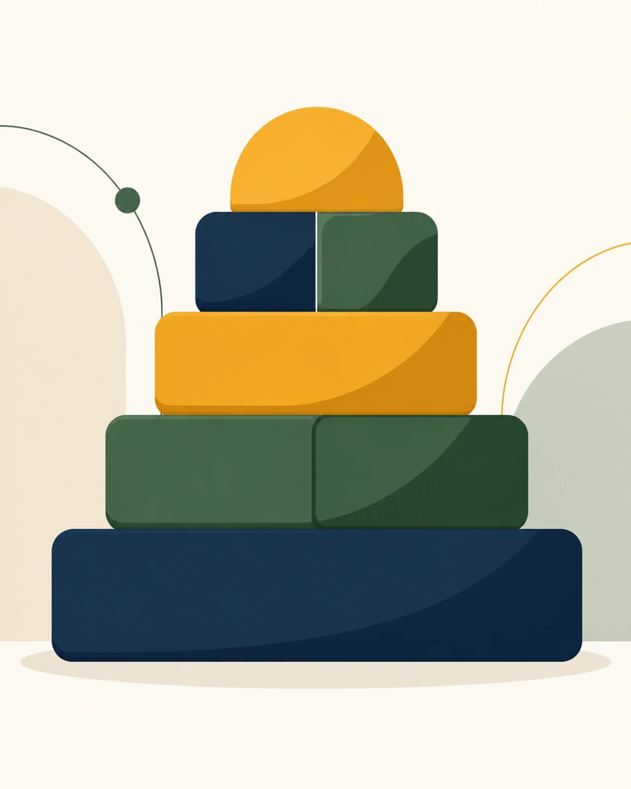 Minimalist illustration of a sturdy, layered foundation in bold colors, representing the balanced and unshakable nature of a profitable business.