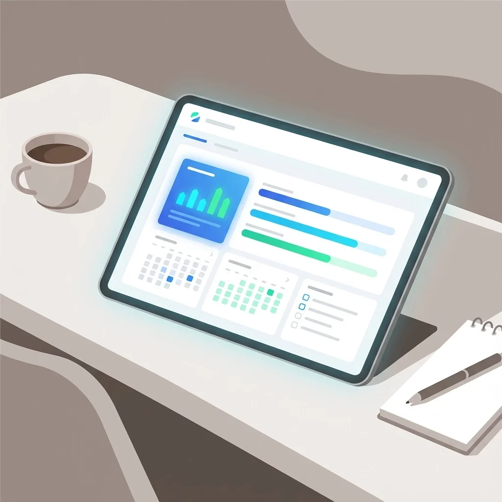 Illustration of a tablet displaying a business analytics dashboard with charts and performance metrics on a desk.