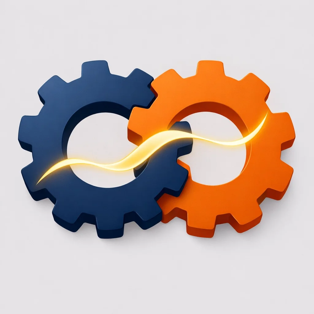 Two interlocking gears connected by a flowing energy line, representing seamless integration, alignment, and efficient systems.