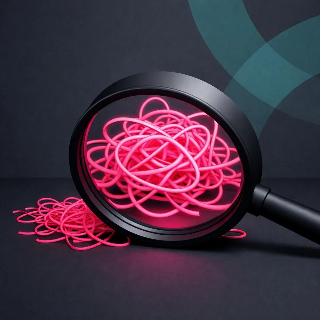 Magnifying glass focusing on a tangled set of lines, representing analyzing complexity to uncover clarity and insight.