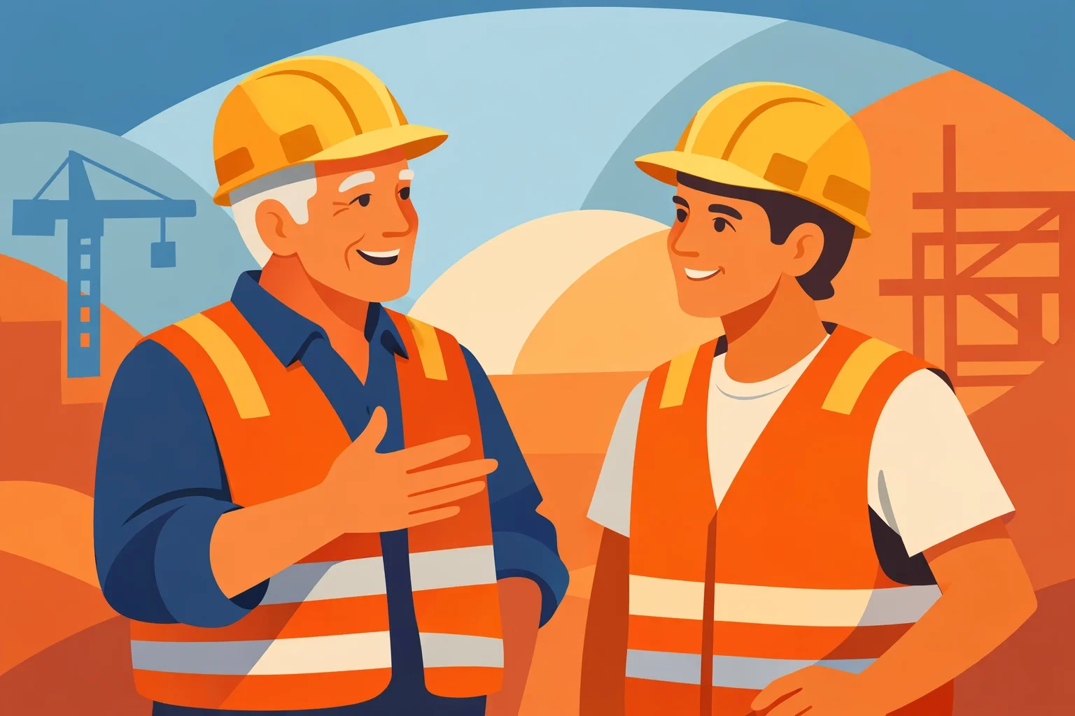 Construction workers discussing tasks on a job site, representing clear communication, supervision, and team coordination.