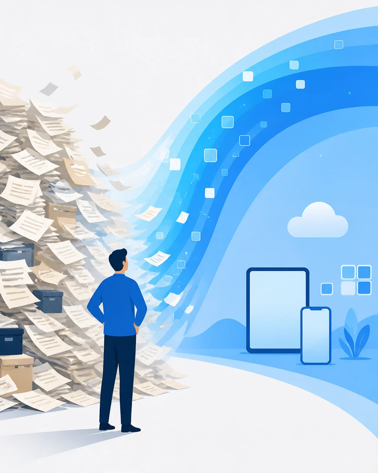 A person standing before a mountain of messy papers being cleared away by a smooth digital wave.