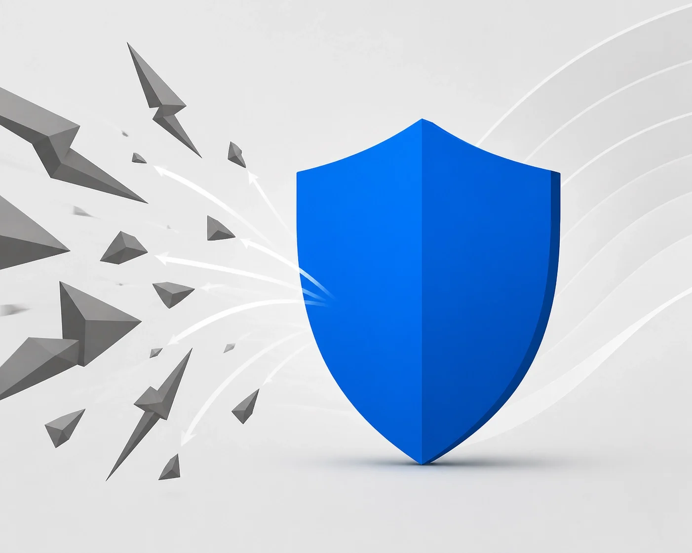 Blue shield deflecting sharp gray fragments and directional arrows, symbolizing cybersecurity, protection, resilience, threat prevention, and operational security.