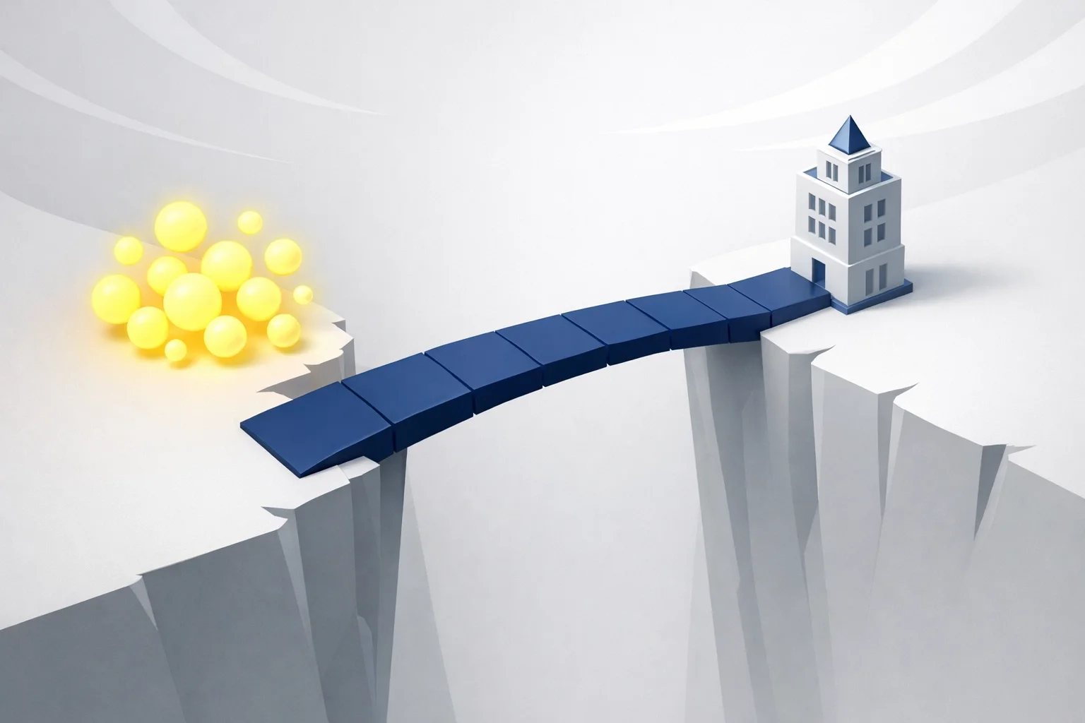 Minimal 3D bridge connecting gap between resources and destination building, symbolizing business solutions and transition.