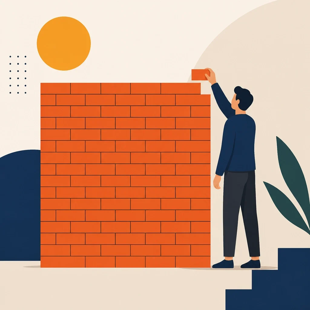 A person placing the final small brick into a large, perfectly formed wall, symbolizing the completion of a big goal through small actions.
