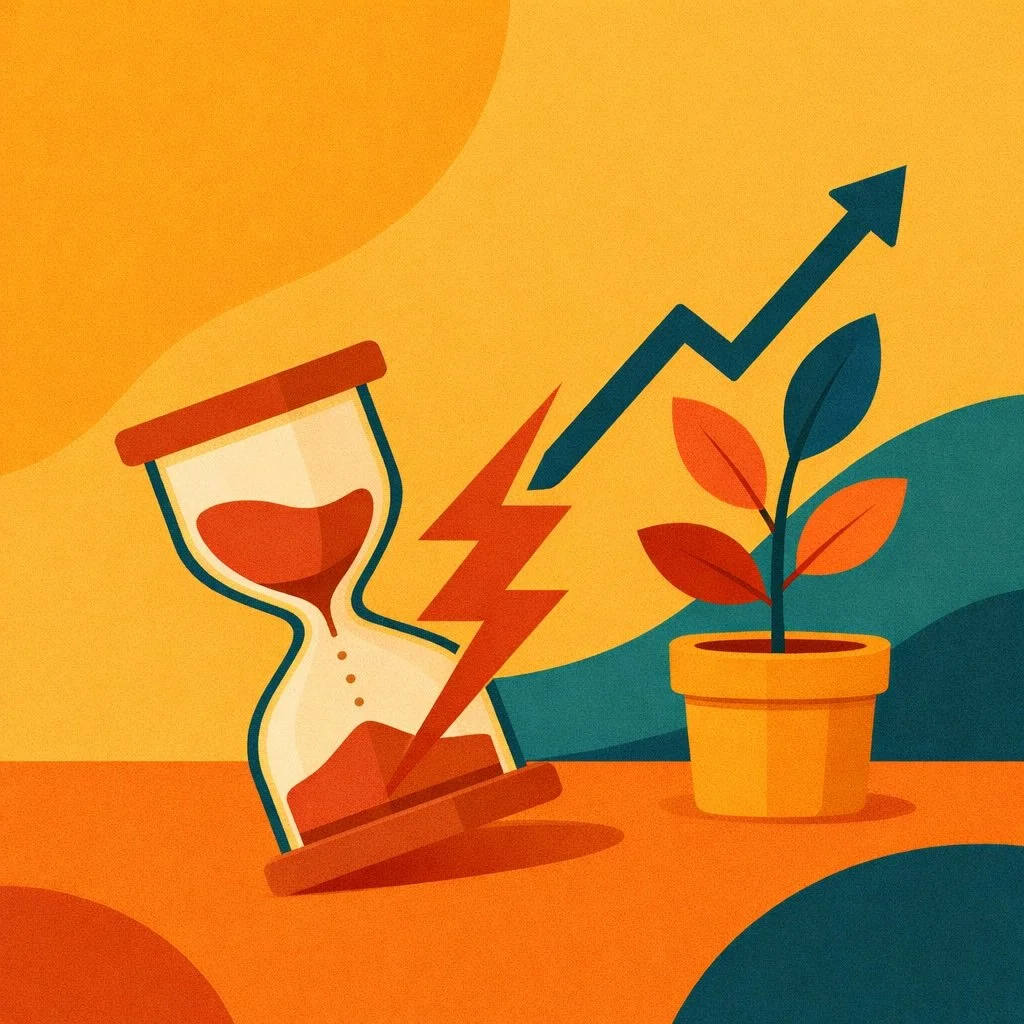 Minimalist illustration of an hourglass and growing plant with upward arrow, symbolizing turning deadline pressure into progress and long-term growth using bold flat colors.