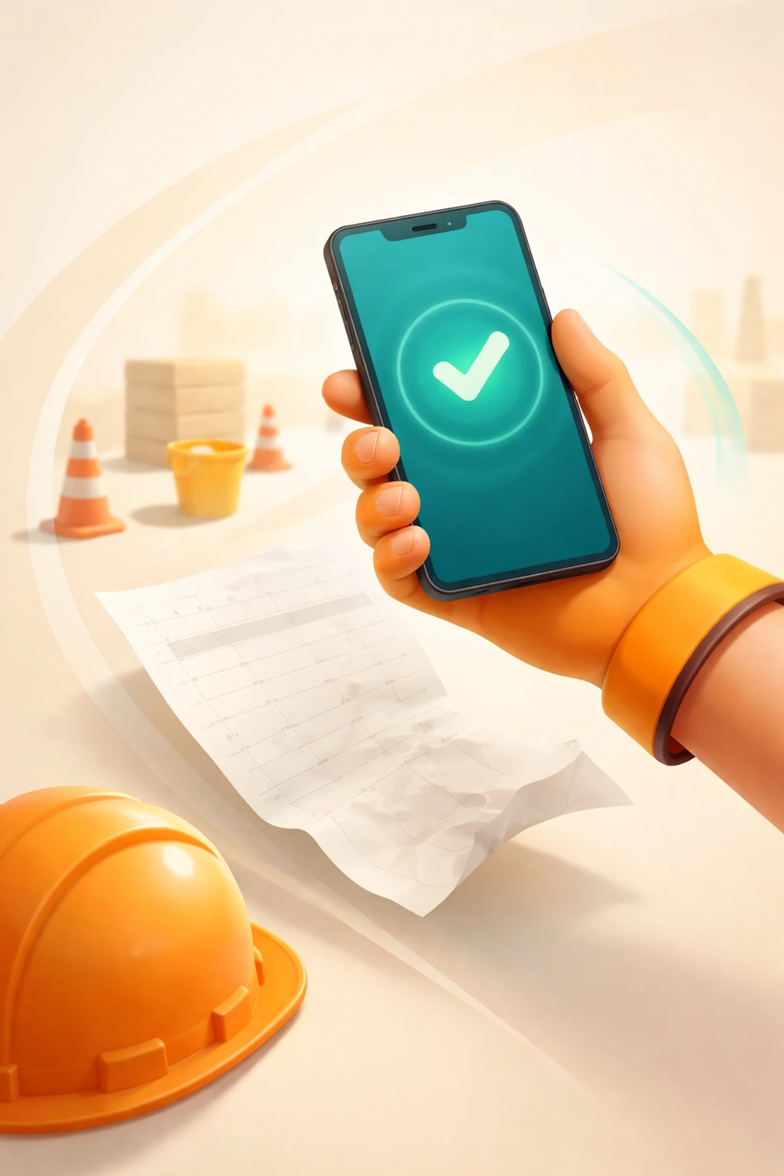 Construction worker holding smartphone with green checkmark approval screen next to hard hat and work schedule document