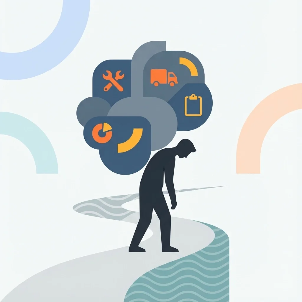 Abstract illustration of a person weighed down by operational icons like tools, scheduling, and logistics, symbolizing business overload and inefficiency.