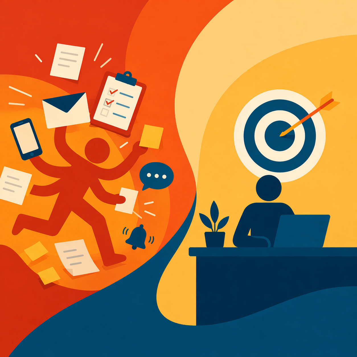 Minimalist illustration showing chaotic multitasking on one side and focused work with a target on the other, representing that being busy does not equal being effective with bold colors and clean geometric design