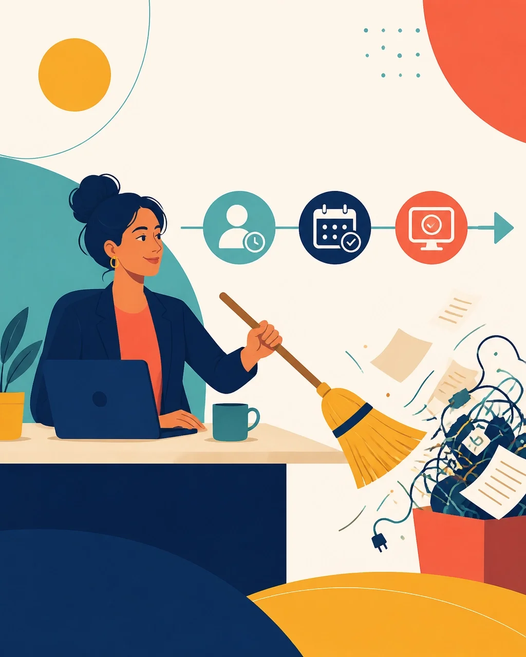 Business manager clearing away paperwork while a streamlined digital workflow moves forward