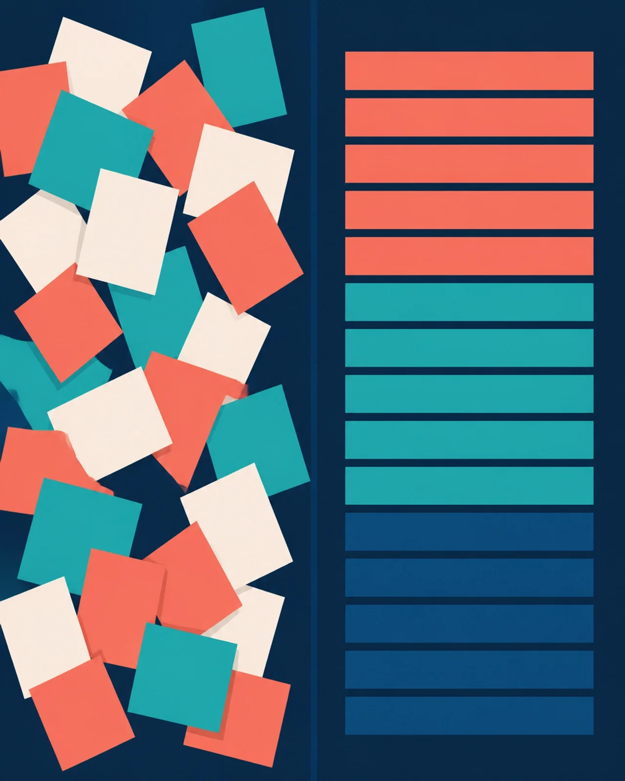 A minimalist illustration comparing the chaos of scattered paper shapes on the left to the order of perfectly aligned digital blocks on the right.