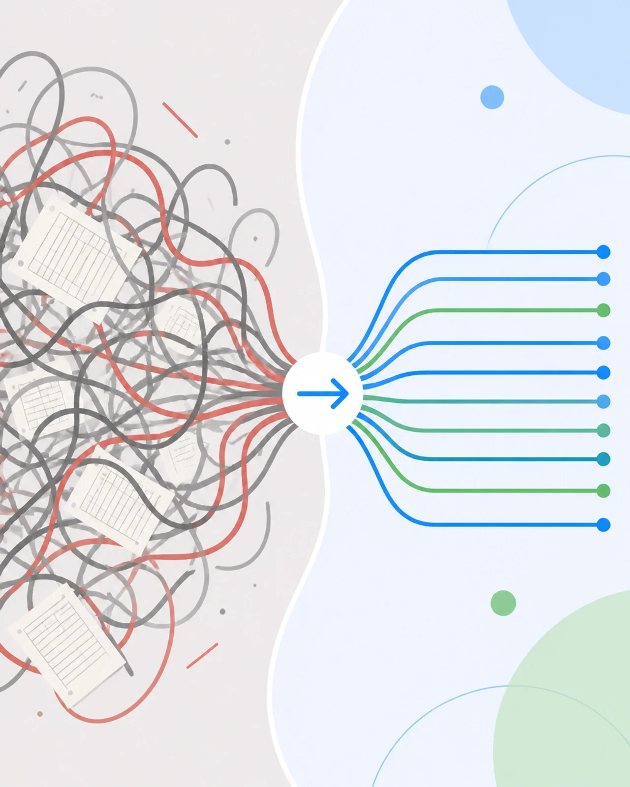 A split illustration showing a chaotic jumble of red tangled lines on the left and organized, clean blue geometric lines on the right, representing the difference between manual chaos and digital clarity.
