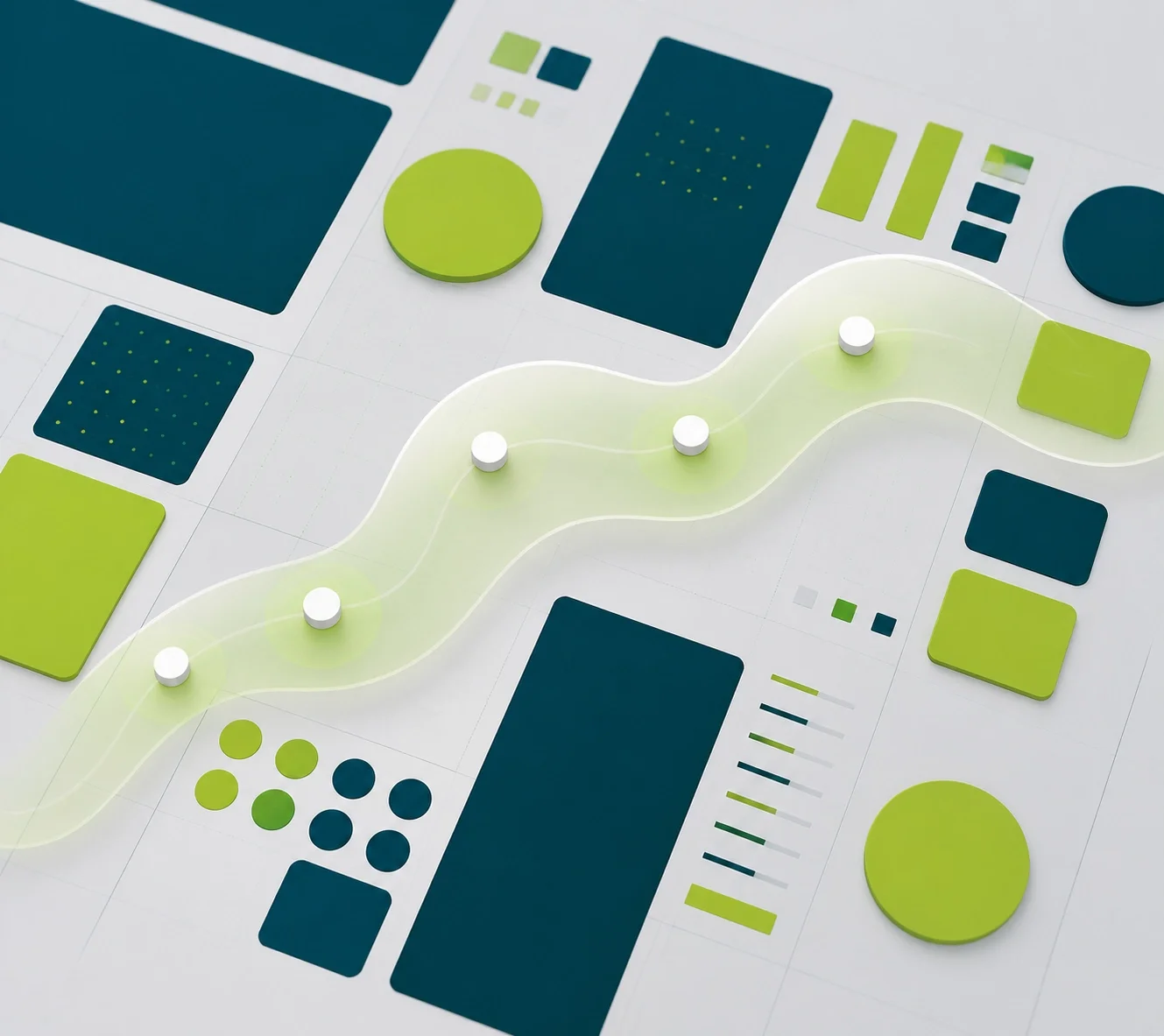 Abstract dashboard with connected nodes along a flowing path, representing workflow optimization, data tracking, and process visibility.