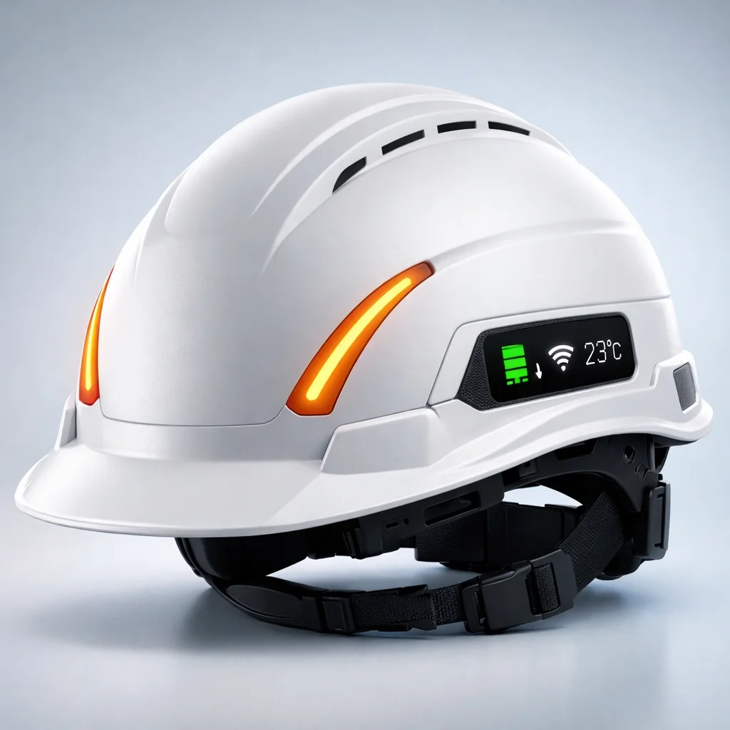 Close-up of construction worker wearing smart hardhat with embedded sensors and display showing safety monitoring data