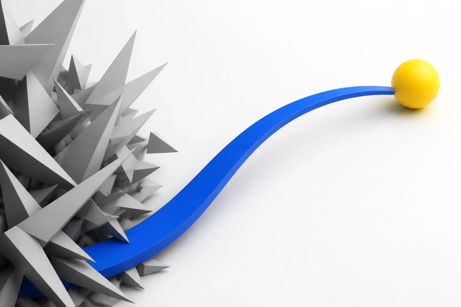 Smooth blue path emerging from chaotic sharp shapes toward a yellow sphere, symbolizing overcoming obstacles and simplifying complexity.