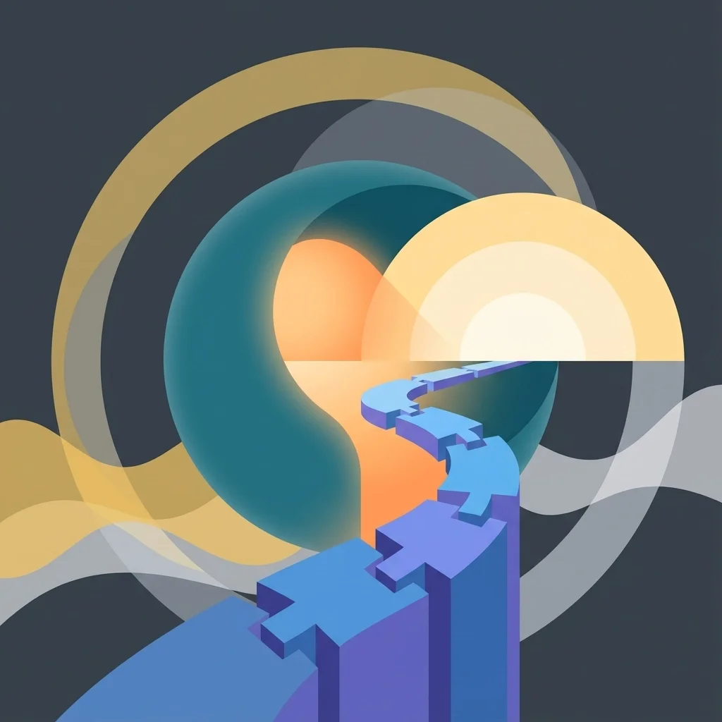 Abstract illustration of a segmented path connecting layered circular systems, symbolizing unifying disconnected processes into a single workflow.