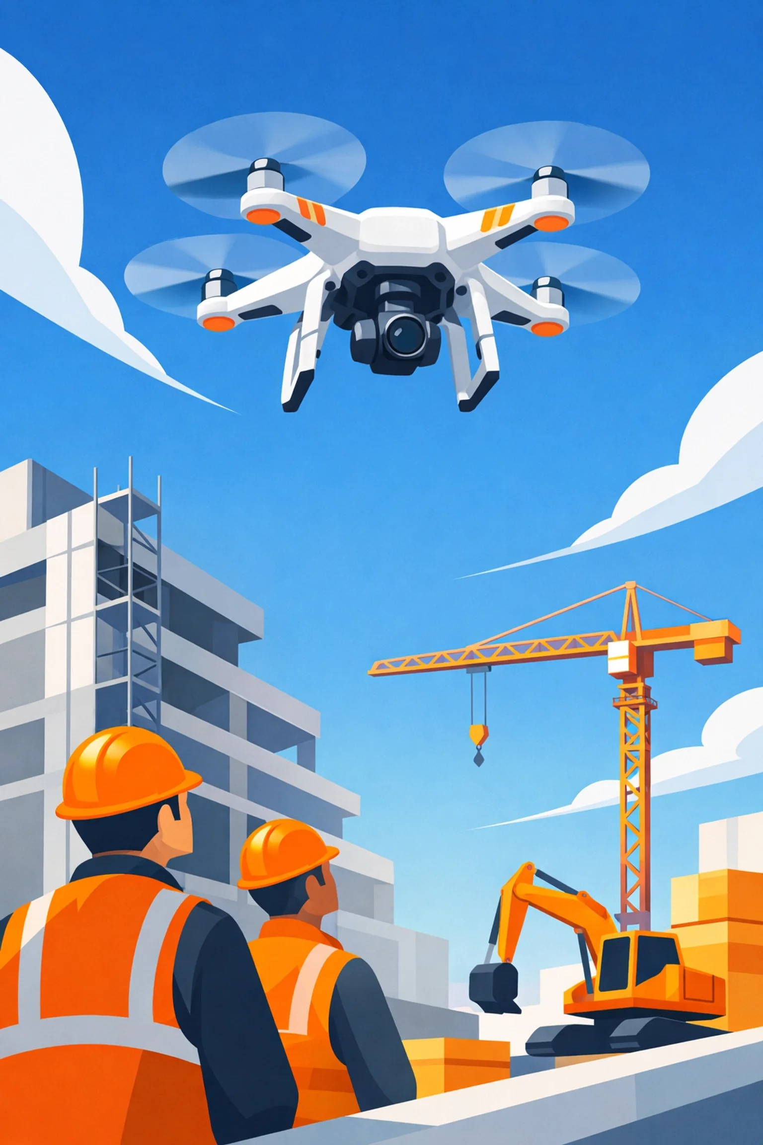 Construction drone capturing aerial survey footage of active building site with equipment and workers below