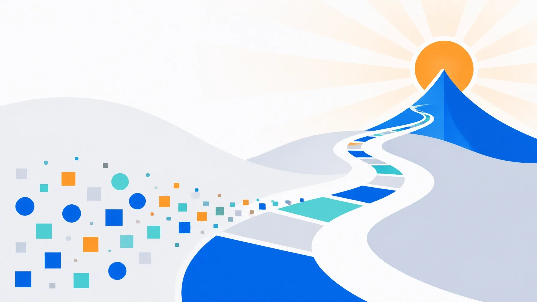 A minimalist geometric path leading from scattered data points toward a stylized rising sun in bold blue and teal.
